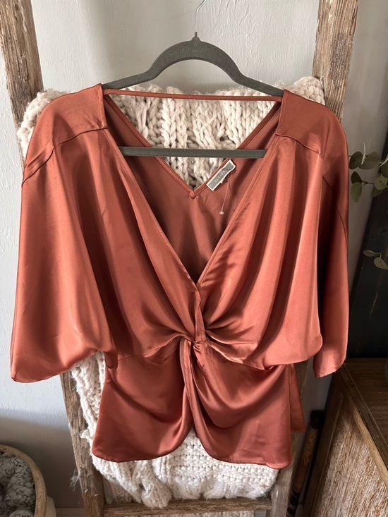 Pleione Tops - Pleione Satin Twist-Front Blouse in Terracotta